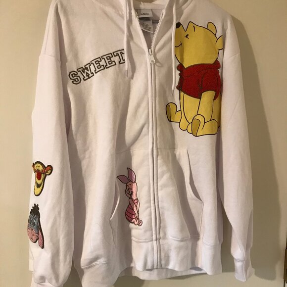 LAST CALL SALE!  WINNIE THE POOH White Med Zip Swtsht Hoodie W Patches NEW WOT - Picture 1 of 9